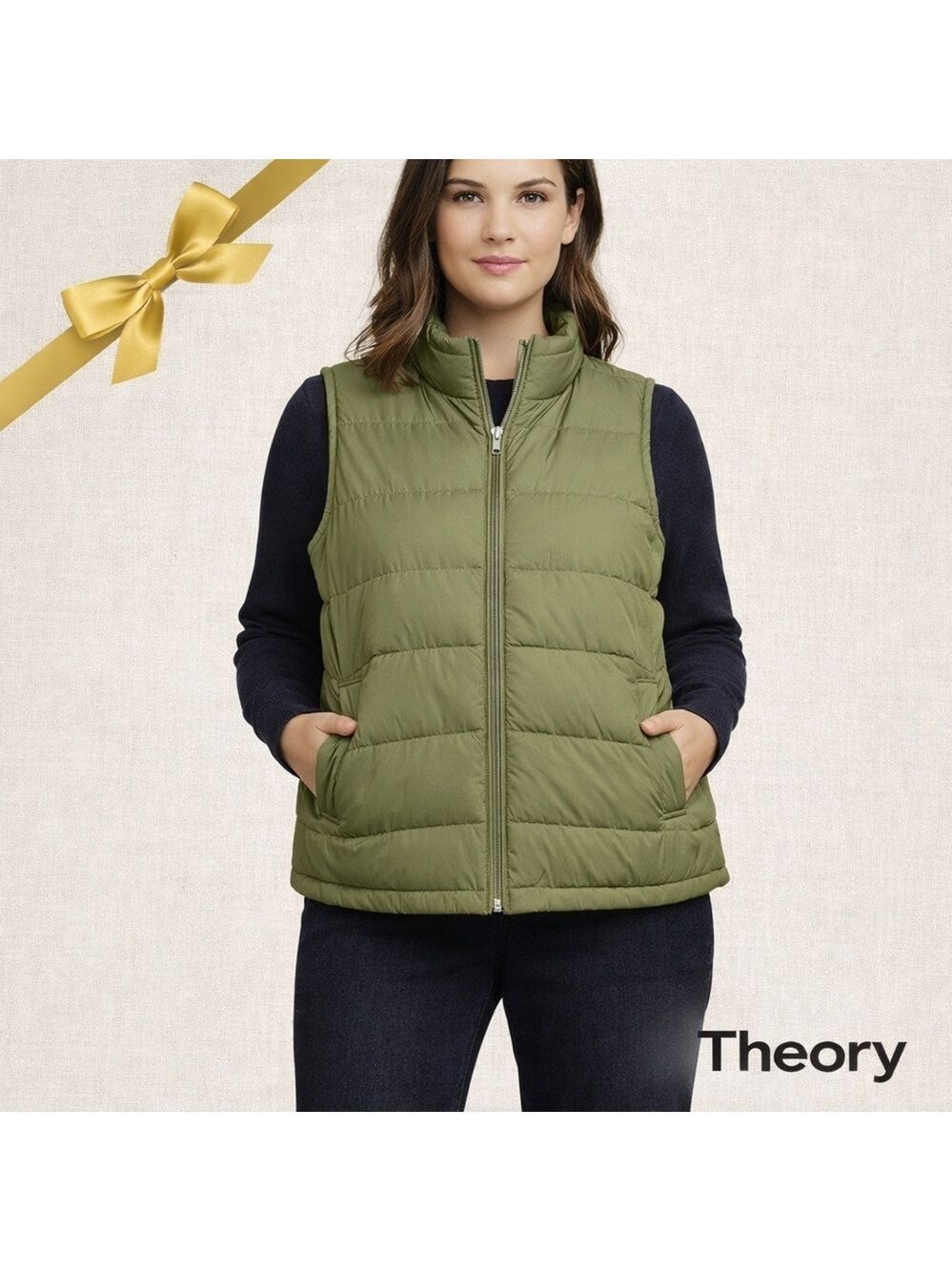 Theory Olive Puffer Down Vest Small